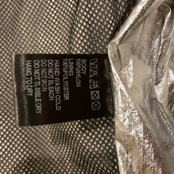 LF Shiny Metallic Silver Zip Front Logo Skirt Lined Mesh Zip Back Elastic Waist - Picture 12 of 12